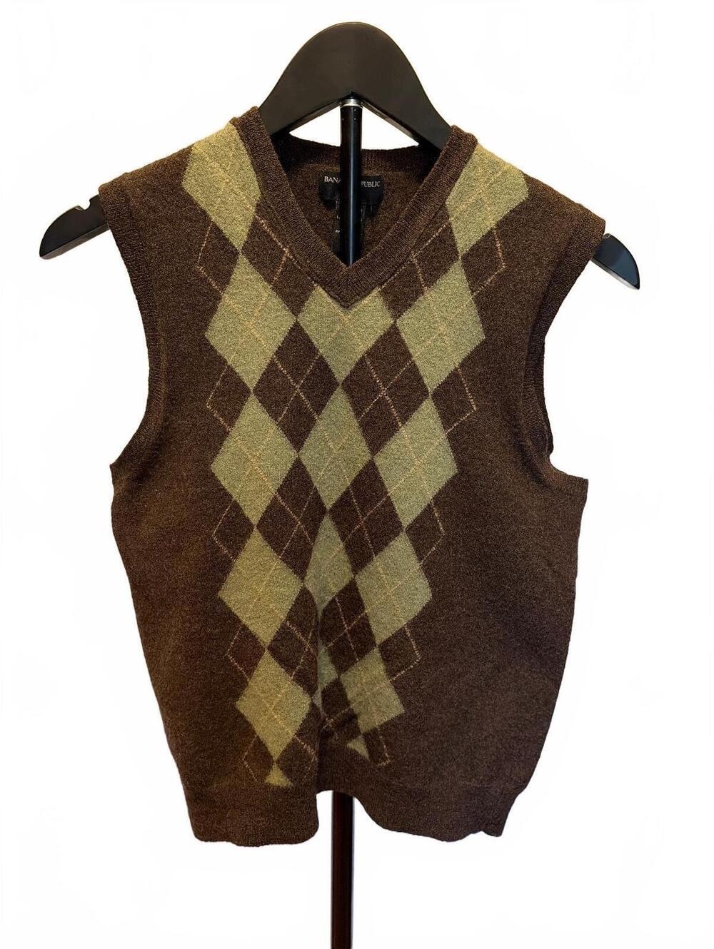 Banana Republic Women's S Brown Argyle Merino Wool Vest Dark Academia Y2K Preppy